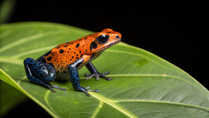 Fototapeta premium Vibrant Orange and Blue Poison Dart Frog on Lush Green Leaf