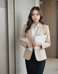 Elegant Asian office woman in blazer and skirt holding papers (AI Character Elly)