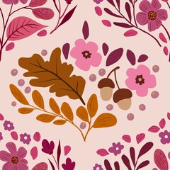 Autum Winter Pattern Background Illustration For Cover, Banner, Notes. Fall Winter Aesthetic Background.  Plant And Flower Pattern Background.