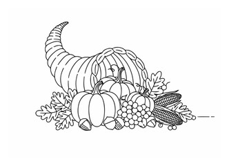Thanksgiving Harvest Bounty Vector: Cornucopia Line Art