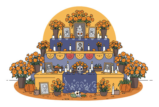 Day of the Dead Altar Vector - Ofrenda, Marigolds, Candles, Line Art