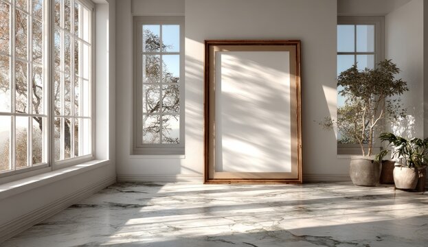 Bright room with sunlight, large windows, picture frame, plants, and marble floor