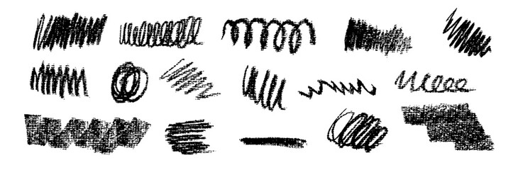 Obraz premium Vector freehand scrawl collection with black bold dry strokes, thick smears, swirl curls and wave traces. Scratchy decorative style evokes pop chalkboard stain textures for playful kindergarten design