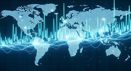 Global Business Data Network: World Map with Digital Graphs and Connectivity Lines Representing Economic Trends and Market Analytics