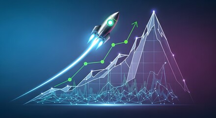 Technological Rocket Launching Over Abstract Digital Growth Chart, Representing Rapid Business Success, Startup Innovation, and Financial Progress