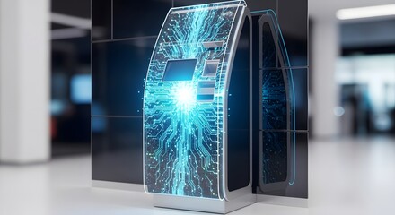 Futuristic AI Kiosk with Dynamic Blue Energy Interface. Advanced Self-Service Terminal Displaying Data Flow and Power. Modern Technology and Innova...