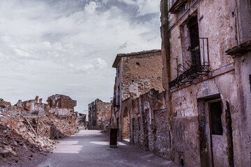 Belchite viejo crumbling buildings showing scars of spanish civil war