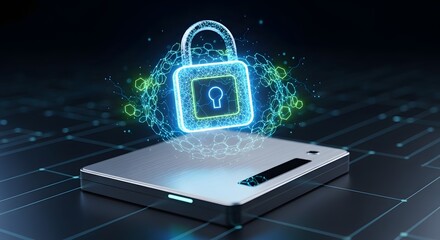 Glowing Digital Padlock Icon Over Data Storage Device, Representing Cybersecurity, Information Protection, and Privacy in a Futuristic Technology C...