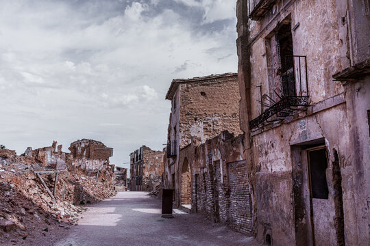 Belchite viejo crumbling buildings showing scars of spanish civil war