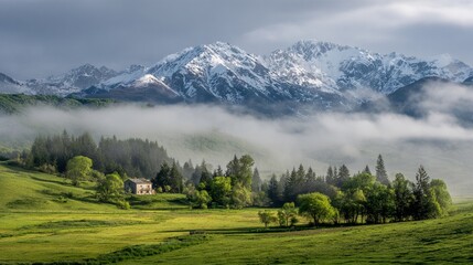 Very green suburban landscape with a snowy mountain in the background and fog, cloudy sky, image with copyspace