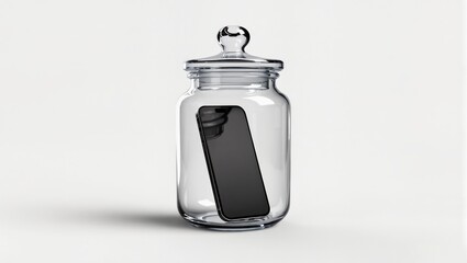 there is a glass jar with a cell phone inside of it. phone model
