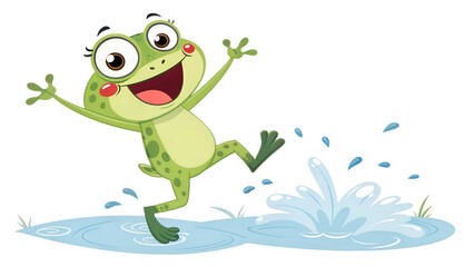 Naklejka premium Joyful Cartoon Frog Splashing in a Puddle