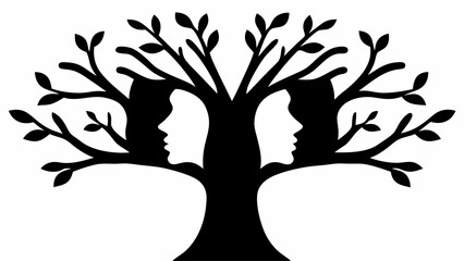 Fototapeta premium Optical illusion tree with faces silhouette in black and white showing nature and human connection art