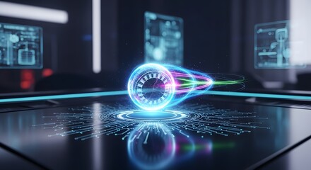 Futuristic Digital Core with Glowing Data Stream on Cybernetic Interface, High-Tech AI and Innovation Concept