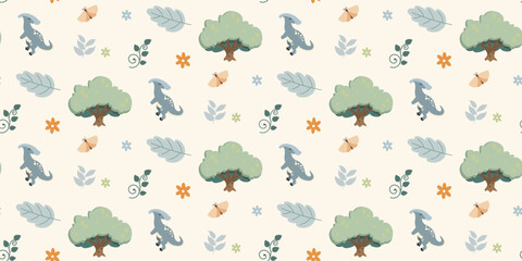 Cute dinosaurs pattern. Jungle dinosaurs animal seamless pattern. Safari dinosaurs and tropical plants.  Perfect for fabrics, print, textile, wallpaper, decor. 
