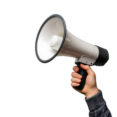 Close up of hand gripping megaphone, symbolizing public address, marketing.
