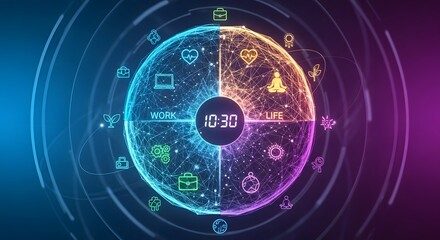 Obraz premium Holistic Work-Life Balance: Digital Clock with Quadrant Icons Illustrating Daily Activities, Time Management, and Interconnected Lifestyle