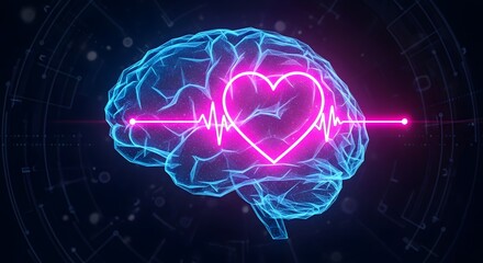 Glowing Digital Brain with Pulsating Heart and ECG Line: Neuroscience, Emotion, and Health Technology Concept