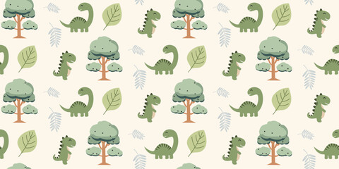 Cute dinosaurs pattern. Jungle dinosaurs animal seamless pattern. Safari dinosaurs and tropical plants.  Perfect for fabrics, print, textile, wallpaper, decor. 