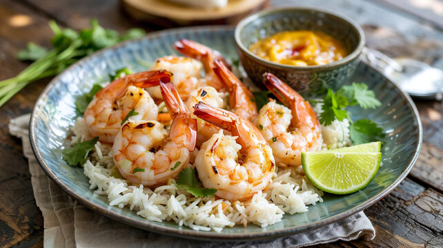 Grilled shrimp served on a bed of rice with a tangy ipping sauce