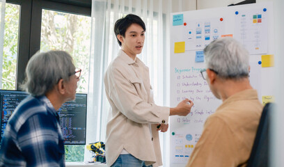 senior programmer bootcamlp,Asian young instructor guides senior learners through a programming on whiteboard, highlighting algorithm thinking and simple code exercises