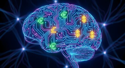 Digital Human Brain with Glowing Circuitry and Global Currency Icons Representing Financial Thought and Economic Intelligence
