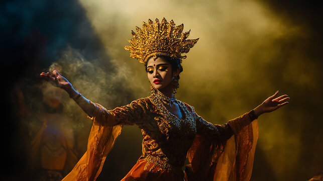Inside the Bali Arts Festival grounds, a dramatic dance performance unfolds on stage. The dancer wears a golden crown and detailed brocade costume.
