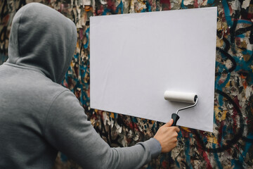 Hooded man is pasting a blank poster on a graffiti wall with roller