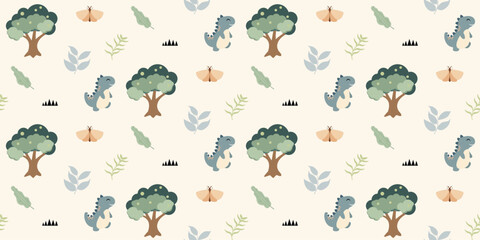 Cute dinosaurs pattern. Jungle dinosaurs animal seamless pattern. Safari dinosaurs and tropical plants.  Perfect for fabrics, print, textile, wallpaper, decor. 