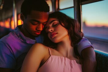 Young couple embraces intimately on a bus during a beautiful sunset, warmth and affection radiating.