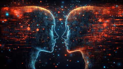 Two abstract digital human profiles facing each other, connected by streams of glowing data particles.