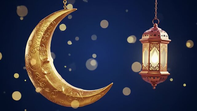 Golden Crescent Moon and Glowing Lantern on Blue Subtle Animation for Ramadan Background Animation with Bokeh Particles Festive Celebration Arabian Culture Backdrop 198 characters