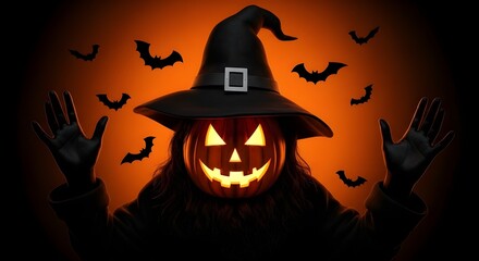 Spooky Halloween illustration with an evil pumpkin, bats, and a dark castle silhouette under an orange autumn moon