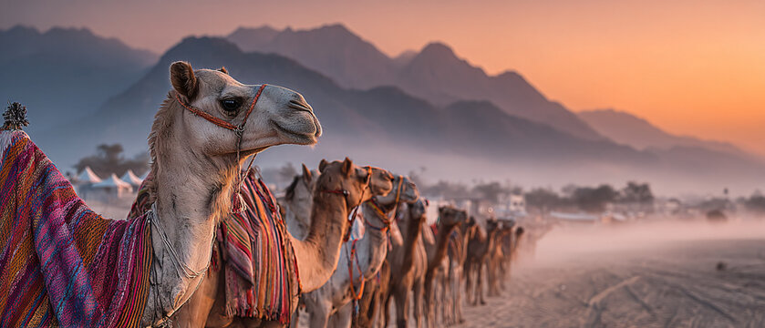 Pushkar Camel Fair in Rajasthan, India. Rows of decorated camels adorned with colorful textiles, beads, and painted patterns stand proudly in the desert sands.