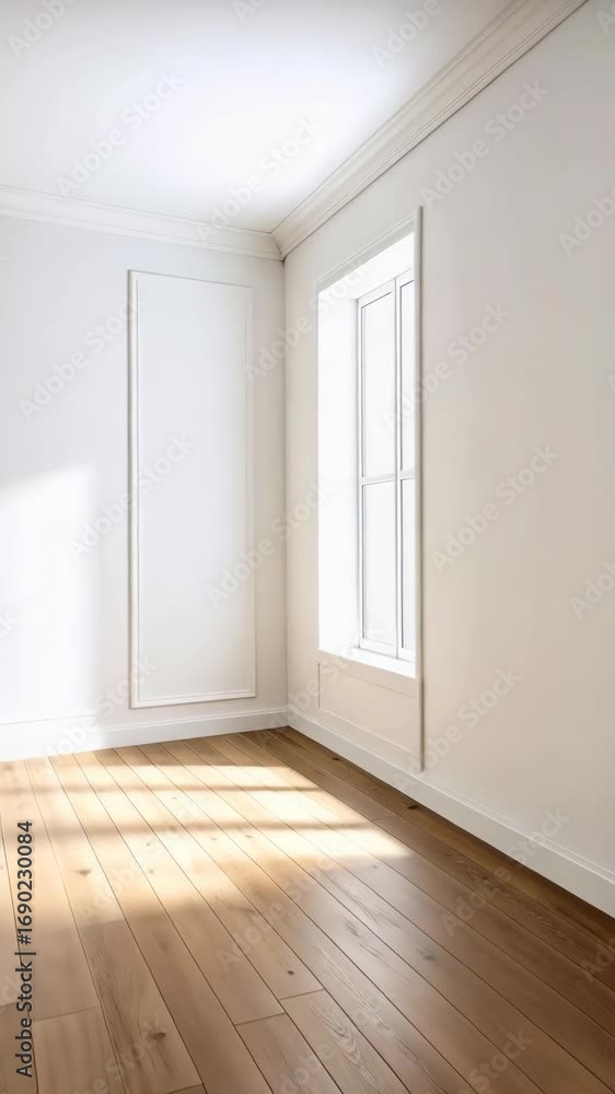 Poster sunlight casting shadows on a pristine white room with architectural paneling and light hardwood flo