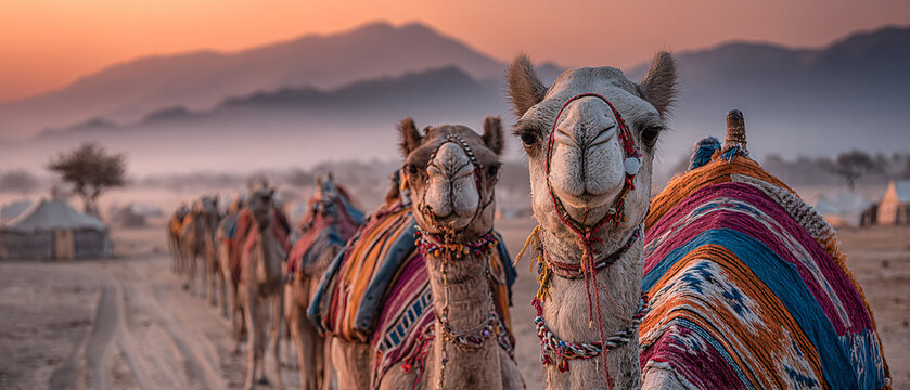 Pushkar Camel Fair in Rajasthan, India. Rows of decorated camels adorned with colorful textiles, beads, and painted patterns stand proudly in the desert sands.