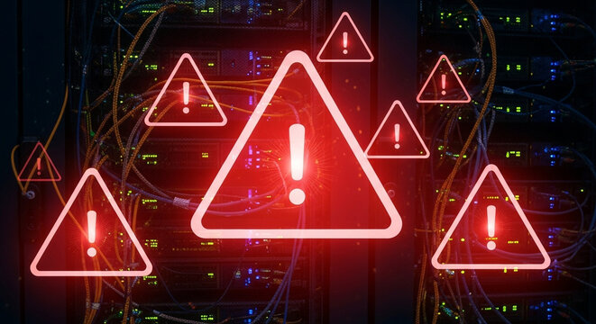Urgent server error alerts flashing red on complex data center system for immediate network security attention