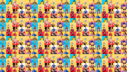 Infinite mosaic of multicultural people celebrating raising arms and fists