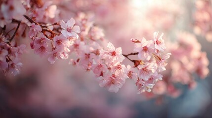 Obraz premium Blossoming cherry tree branch filled with pink flowers and soft, diffused light