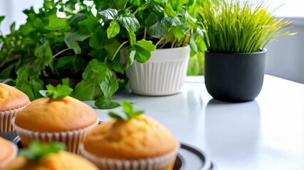 Delicious vanilla muffins in a baking tray with fresh mint garnish and a green plant backdrop creating a vibrant kitchen scene.