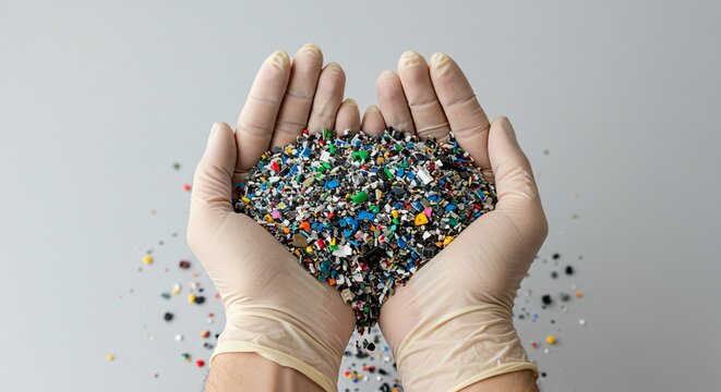 Man holding shredded plastic in gloved hands. Recycling waste material. Sustainable waste management and circular economy concept.