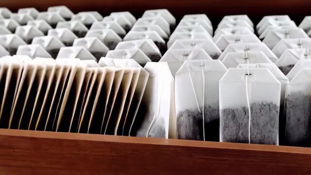 Rows of paper tea bags with metal staples and strings arranged neatly in a box, ready for steeping and enjoyment
