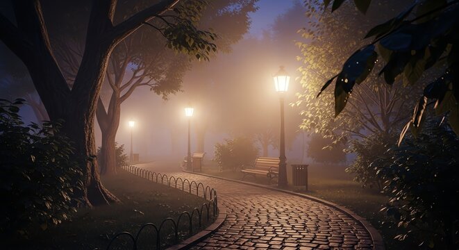Mysterious Foggy Park Path Illuminated by the Ethereal Glow of Vintage Lampposts