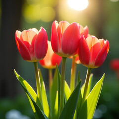 Fototapeta premium Vibrant tulips in sunlight with soft bokeh background for springtime beauty