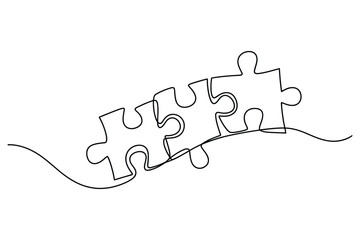 Continuous line drawing of two puzzle pieces symbolizing teamwork unity partnership and connection illustration