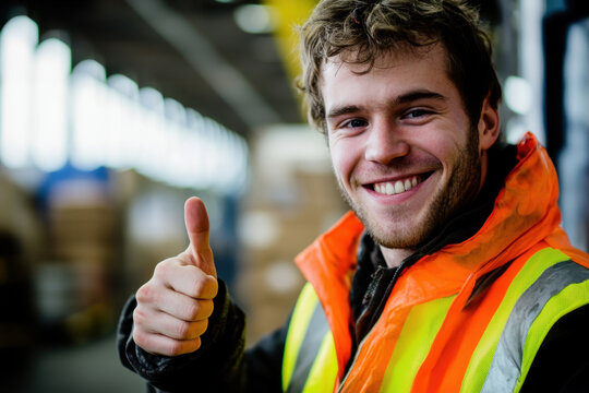 Portrait of a young male worker with strabismus working in a factory warehouse. Smiling happy man in reflective vest looking at camera and showing thumbs up. Copy Space