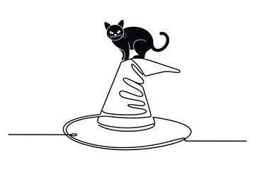 Continuous line drawing of black cat standing on witch hat symbolizing Halloween magic superstition and mystery illustration