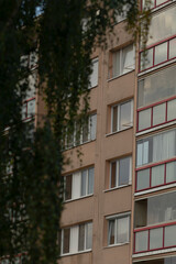 Fototapeta premium A close-up view of a modern apartment building showcasing large windows and a touch of greenery in the foreground, emphasizing urban living.