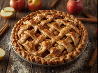 Freshly baked apple pie with golden lattice crust sits on cooling rack, surrounded by apples and cinnamon sticks