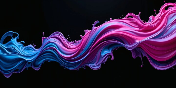 A vibrant wave of pink and blue paint swirls against a dark background, creating a dynamic and energetic visual.